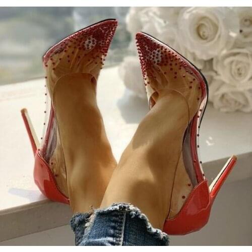 Linamong Hot Drill Black Pink White Red Clear PVC Pointed Toe Woman Pumps Sexy Shallow Stiletto Heel Slip On Wedding Pumps Shoes