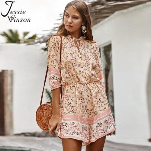 Jessie Vinson Tie up Neck Boho Print Playsuit Women Short Jumpsuit Half Sleeve Bohemian Floral Jumpsuit Holiday Spring Summer