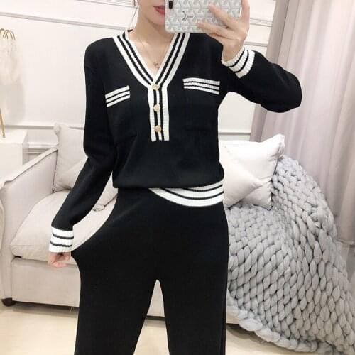 2021 New Fashion Knitting Female Sweater Pants For Women Two Piece Set Knitted Pullover V-neck Long SleeveTop Wide Leg Pants