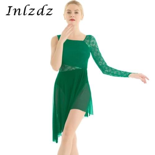 Womens Ballet Leotard Dance Dress Fingertip Lace Bodice Asymmetric Ice Skating Leotard Dress for Lyrical Modern Contemporary