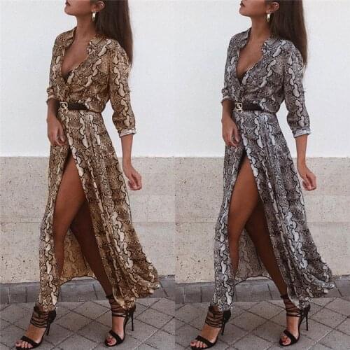 Women Snakeskin Print Long Sleeve Deep V Neck Kimono Boho Dress Shawl Cardigan Split Dress