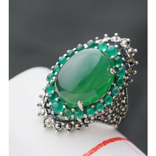 Sterling silver inlaid green chalcedony ring silver retro female food