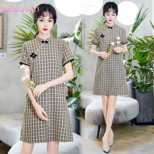 Bebovizi Plus Size M-4XL 3XL Chinese Style Black White Grid Short Sleeve A-line Dress Summer Cheongsam Dresses for Woman Qipao