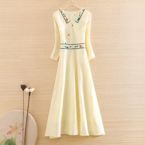 High-end Spring And Summer Chinese Style Women Hanfu V-neck Slim Dress Embroidery Elegant Lady A-line Dress S-XXL