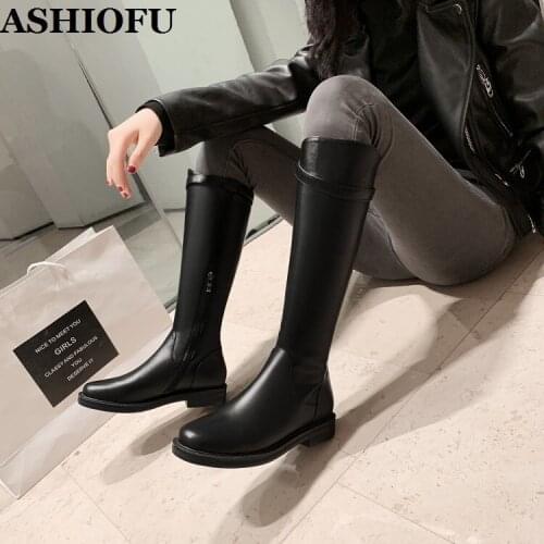ASHIOFU Handmade Real Leather Womens Boots Thick-sole Party Prom Geniune Leather Sexy Evening Night-club Fashion Winter Boots