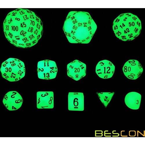 Bescon Super Glowing in Dark Complete Polyhedral RPG Dice Set 13pcs D3-D100, Luminous 100 Sides Dice set