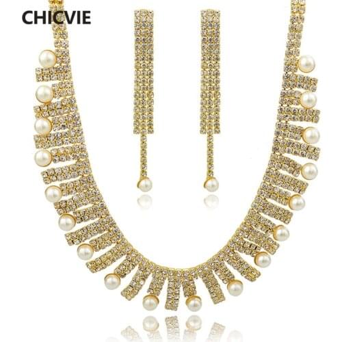 CHICVIE Gift Crystal Statement Simulated Pearl Necklace Earrings Gold Color Jewelry Sets Accessories For Women Set150075