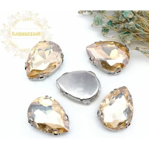 Best-selling! Champagne Water drop shape Glass Crystal sew on rhinestones with D-SHAPE claw Diy Wedding dress and Shoe