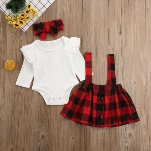 0-18 Months Baby Girl Clothes Sets 3pcs Knitted Tops Romper Plaids Print Bib Dress+Headband Newborn Christmas Outfit
