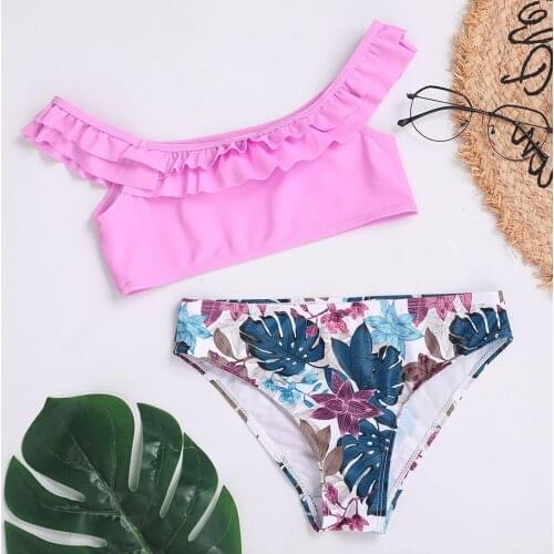 Ruffle Girl Swimsuit Kids Off Shoulder Girl Bikini Set 4-13Years Two Piece Childrens Swimwear Girls Bathing Suit Beachwear 2021