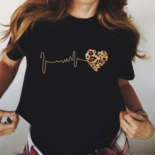 FIXSYS Summer New Fashion Black T-Shirt Women Leopard Heartbeat Short Sleeve Print Clothes Ladies Female Casual T Shirt