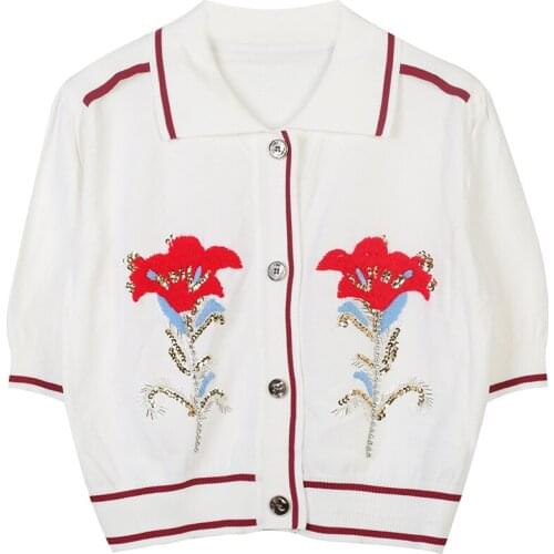 2021 Summer Polo Neck Cardigan Knitted Sweater Beaded Sequins Embroidered Flowers Button Thin Cardigan Short Top Knitted Sweater