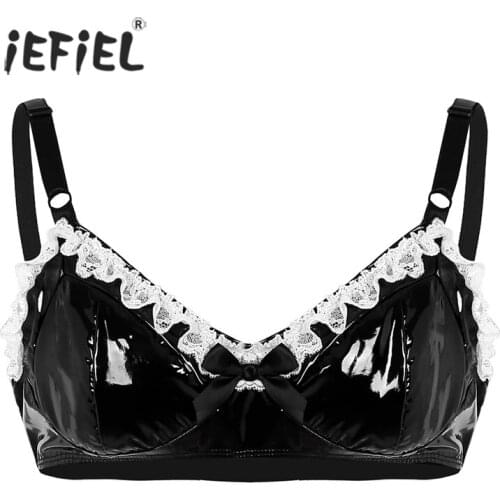 Men Black Spaghetti Straps Sissy Lingerie Lace with Bowknot Wetlook Faux Leather Bra Top Hot Sexy Men Bralette Underwear