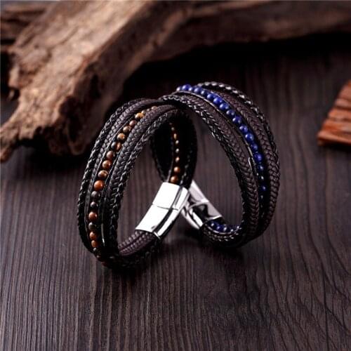 New Fashion Hot Selling Natural Stone Beads Leather Woven Steel Bracelet Stainless Steel Men and Women Bracelet