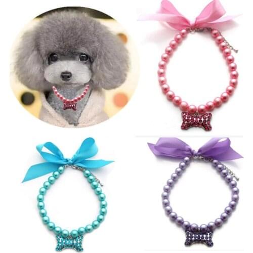 Pet Dog Pearls Necklace Collar with Bling Bone Charm Pet Puppy Wedding Jewelry Accessories for Dogs Cats Accessory
