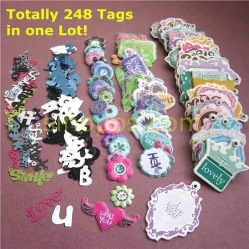 Gift Tags mega pack, craft hang tag assortment, Scrapbook chipboard puffy tags button, sequin alphabet words, vintage paper tags
