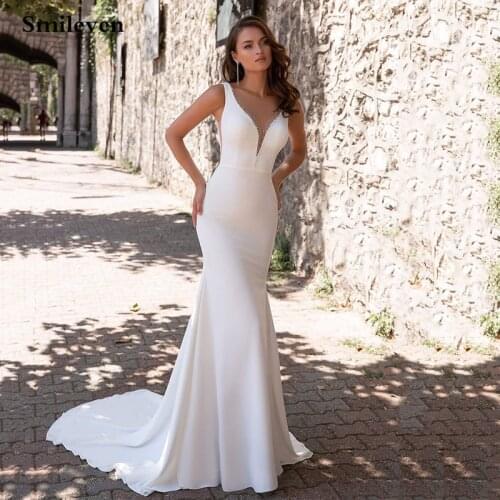 Smileven Satin Mermaid Wedding Dresses Sleeveless V Neck Sexy Lace Beach Bride Dress With Crystal Design Boho Bridal Gowns
