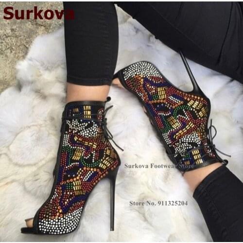 Surkova Bling Bling Multi-Color Crystal Ankle Boots Stiletto Heels Open Toe Lace-up Rhinestone Booties Colorful Glitter Pumps