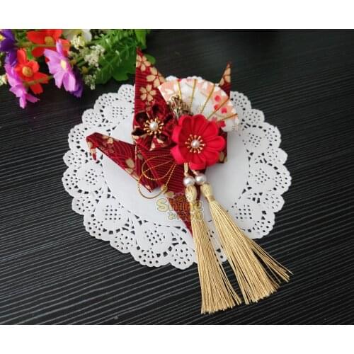 Japanese Style Paper Crane Sakura Fan Headdress Hair Clip Tsumami Zaiku Kanzashi Red black Kimono Bathrobe Hairpin Handmade