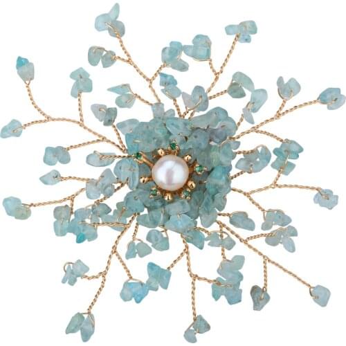 Yacq Womens Aquamarine Freshwater Pearl Cubic Zirconia CZ Pin Brooch Pendant 2 in 1 Handmade Jewelry Flexible Copper Wire Gifts