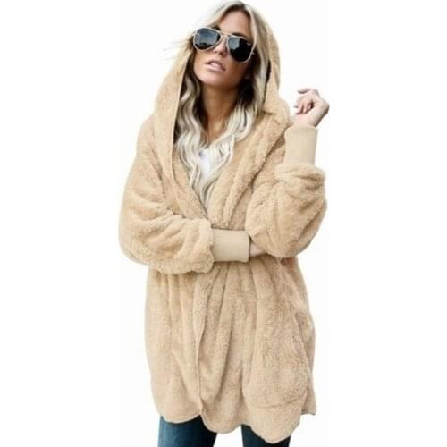 4XL 5XL Faux Fur Teddy Bear Coat Jacket Women Fashion Open Stitch Autumn Hooded Coat Female Long Sleeve Fleece Furry Jacket 2021