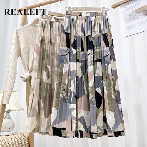 REALEFT 2021 New Vintage Geometric Printed Tulle Pleated Womens Mi-Long Skirts High Waist Female Umbrella Skirts Spring Summer