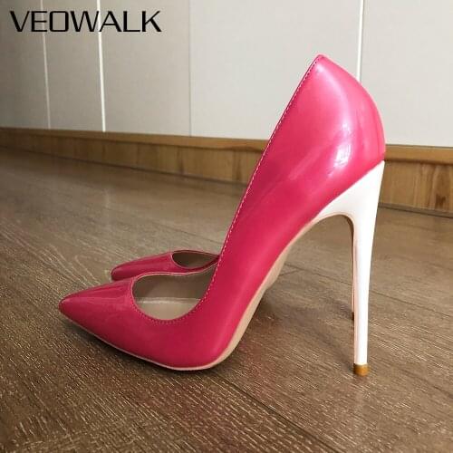 Veowalk Women Pink Patent Pointed Toe Stiletto Pumps 8cm 10cm 12cm High Silver Heel Ladies Slip On Wedding Bride Shoes Customize