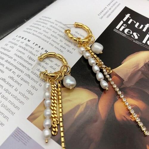 Origin Summer Punk Gold Color C Shape Geometric Simulated Pearl Dangle Earring for Women Long Tassel Rhinestone Earring Jewelry