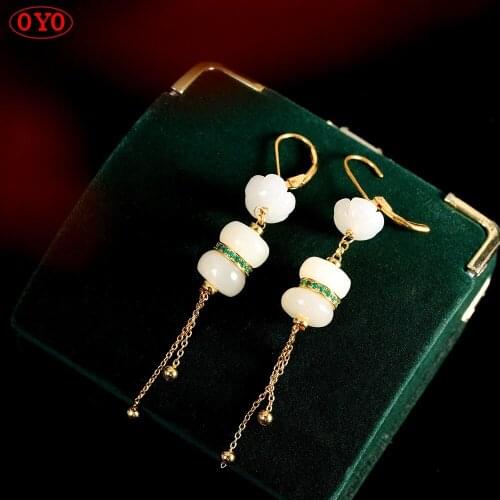 S925 silver gold-plated Hetian jade lotus earrings fashion retro womens national style earrings
