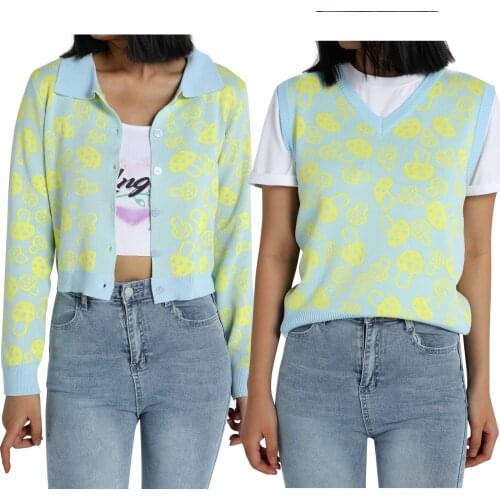 Women Loose Knitted Crop Tops Casual Sleeveless V Neck Mushroom Print Sweater Cardigan and Vest