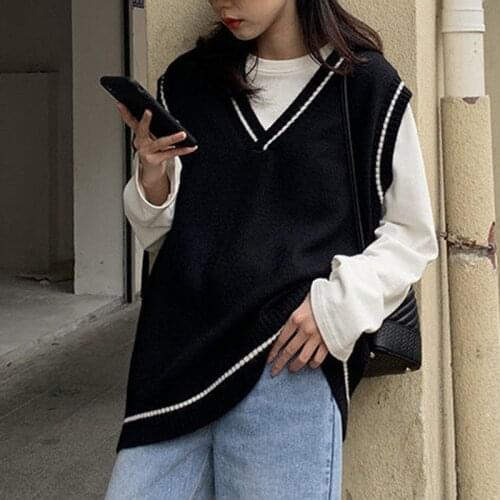 Womens Knitting Oversized Sweater Vest Vintage Loose Casual Student Sleeveless Waistcoat Korean Vest Pullovers