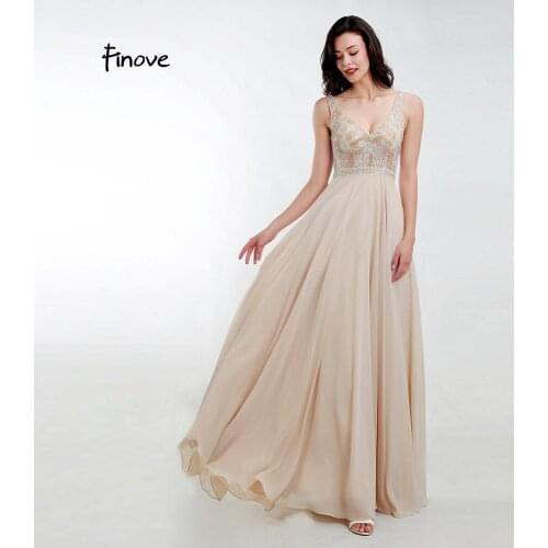 Finove 2020 New Beige Beaded Prom Dresses Sexy V Nack Backless Elegant A Line Formal Party Dress Long Floor Length For Women