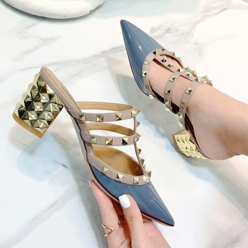 Winter New Rivet Pointed High-heeled Sandals Medium Heel Big Toe Shoes Thick Heel Slippers Women Wear Korean Style