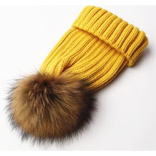 Winter Nature Fur Pom Pom Knitted Beanies hats Warm Caps Removable Genuine fur Ball skullcap gorros