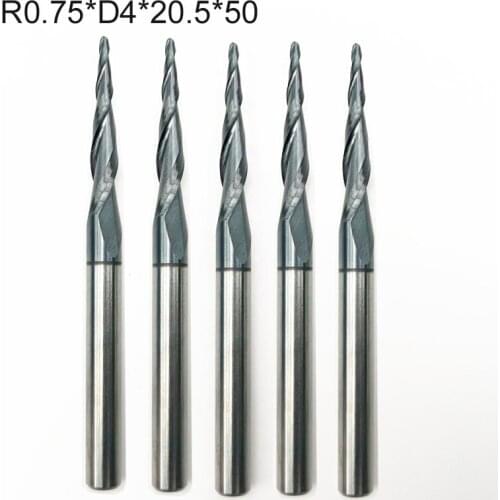 5pcs/lot R0.75*D4*20.5*50L*2F HRC55 Tungsten Solid Carbide 4mm Ball Nose End Mills Router Bits cnc