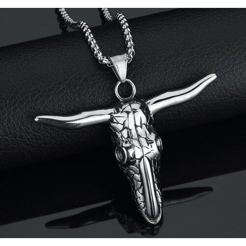 African Tribe Style Skull Head Bull Pendant Necklace For Man Boy Gothic Stainless Steel Cow Jewellery