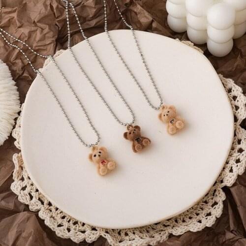 Minar Autumn Winter Plush Bear Pendant Necklace for Women Girls Pluffy Animal Silver Color Beaded Chain Necklace Accessories