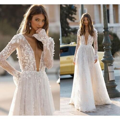 2020 Elegant Berta Wedding Dresses Sexy Deep V Neck Backless 3D Flora Lace Appliques Beach Bridal Gown Custom Robe De Mariee