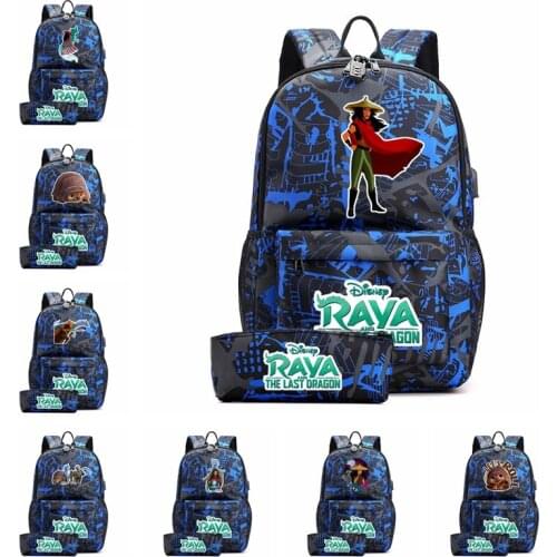 2 Pcs Raya and the Last Dragon Canvas Backpack with Pencil Case School Bag For Teenagers Usb charging Laptop Sport Bags Rucksack
