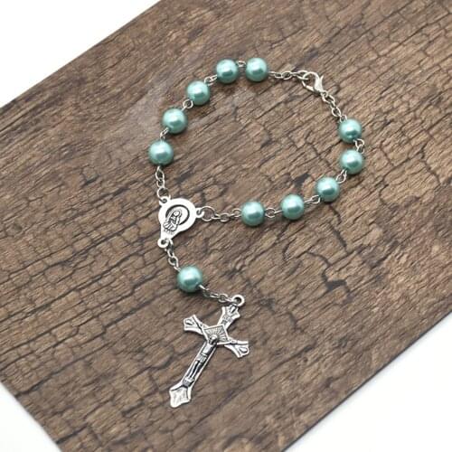 Imitation Pearls Silver Color Rosary Bead Bracelet Virgin Mary INRI Cross Hanging Bracelet Religious Catholic Paryer Jewelry