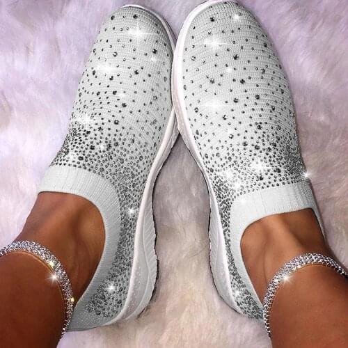 Women Casual Sneakers 2020 Summer Fashion Crystal Bling White Sneakers Slip On Flat Vulcanize Shoes Breathable Socks Sneakers
