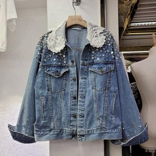 Autumn Korean Heavy Work Diamonds Denim Jacket Coat Women Outwear Loose Short Lace Spliced Collar Jeans Jacket Female Streetwear