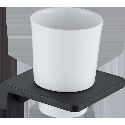 Matt Black Toothbrush Holder Wall Mounted Toothbrush Cup Holder wthite Solid space aluminum Shelves With Single Ceramics Cup Set