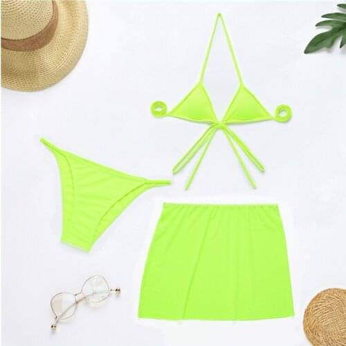New Women Sexy Fluorescent Color Mesh Bikini Sleeveless Halter Panty Skirt Swimsuit Classic Nude Midriff Lace Three-Piece Suit
