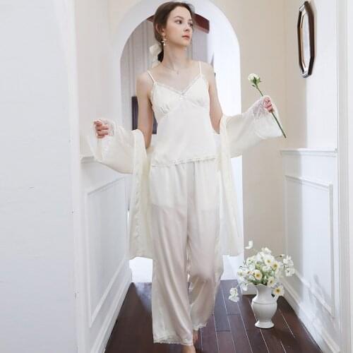 Autumn New Pajamas for Women Thin Long-sleeved Three-piece Suit Solid Ice Silk Lace Satin Robe Spaghetti Strap Trousers Clothing