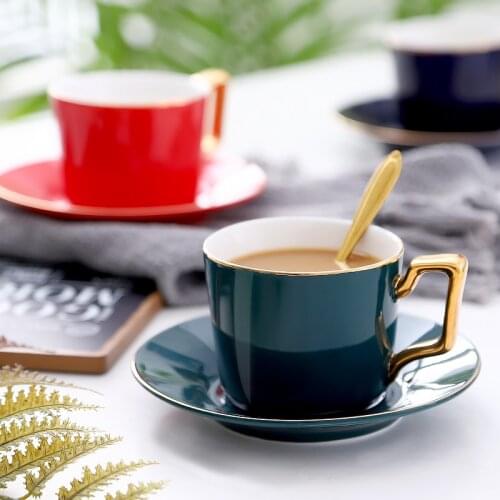 Luxury Breakfast Ceramic Cup For Coffee Afternoon Tea Mugs 200mL with spoon Tray European style Green Blue Red Coffee Set