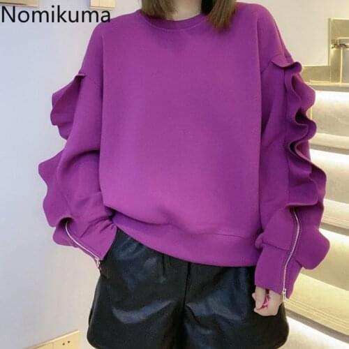 Nomikuma Sweatshirts Women Autumn Winter Pullover Hoodies 2020 New Korean Zipper Ruffle Long Sleeve Causal Top Jumper 6C728