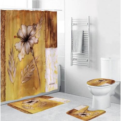 Wood Grain Flower Pattern Bathroom Shower Curtain Set Waterproof Polyester Fabric Bath Curtains Non Slip Toilet Cover Rugs Mat