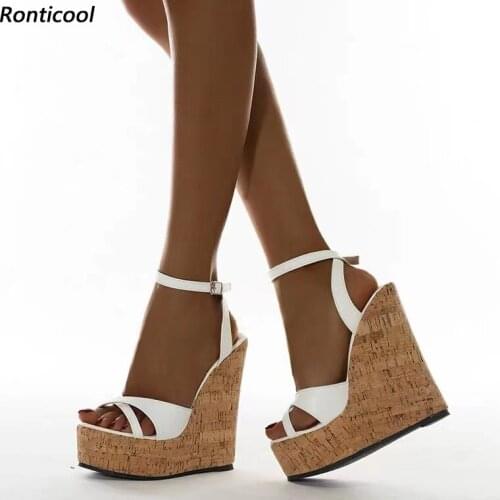 Ronticool 2021 Handmade Women Sandals Strappy Comfort Wedges Heels Open Toe Elegant Black White Dress Shoes US Size 5-20