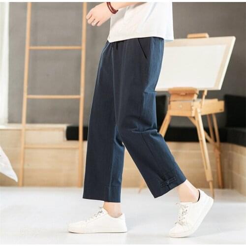 Plus size M-8XL Men Straight Pants Casual Loose Cotton Linen Ankle-Length Trouser Chinese Baggy Pants Black Gray Khaki